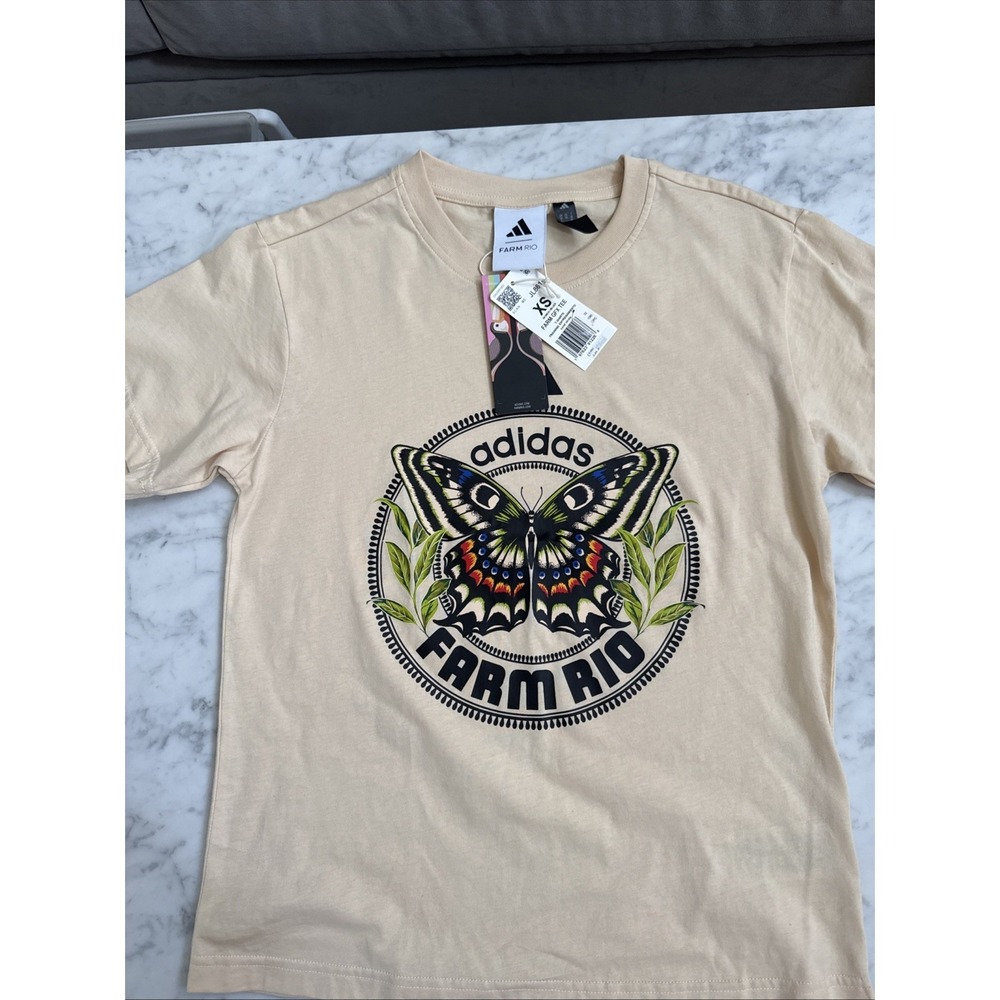 Adidas Women's Farm Hoodie JL8614 Size XS T Shirt Beige Butterfly - Picture 5 of 8